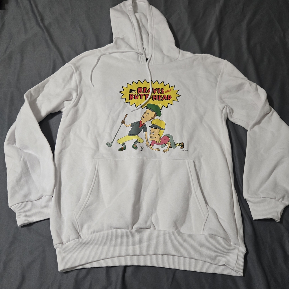 Beavis And Butthead Hoodie Mens large White Golf MTV Graphic Novelty Retro 90s
